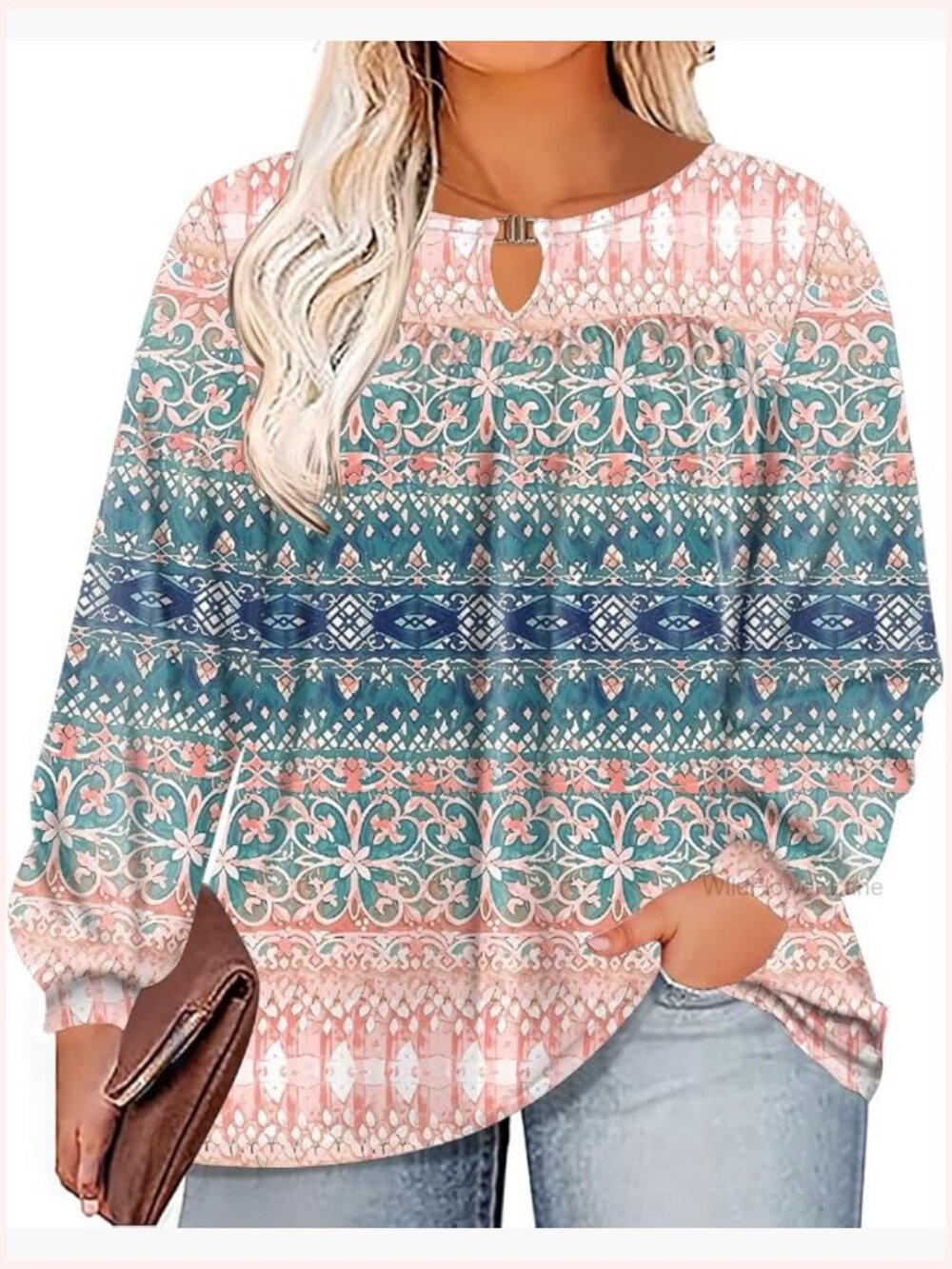 Plus Size Linen Tunic Top Long Sleeve Keyhole Blouse Work Tunic 1X-5X
